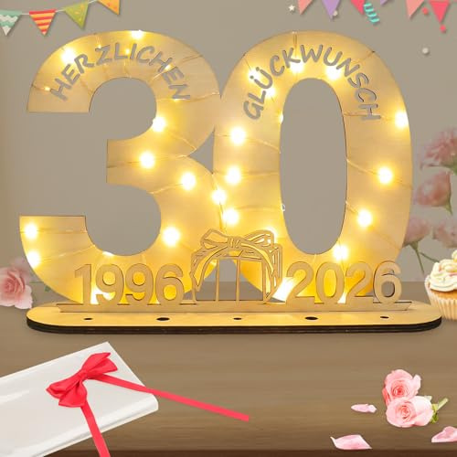 Seutgjie Originelle Geschenk 30 Geburtstag Frauen Männer 1996-2026, 30 Geburtstag Deko Tischdeko Perlenhochzeit, Geldgeschenke Geburtstag 30 mit LED Lichterkette Geschenkpapier Holz Schild Gästebuch
