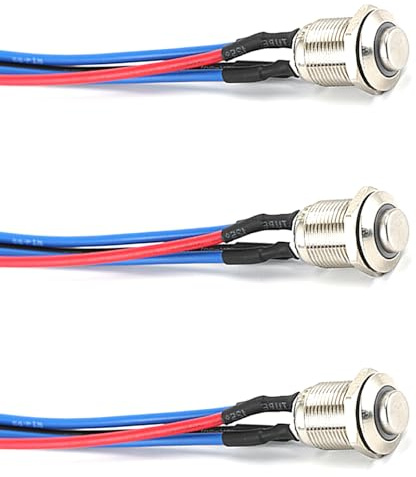 Interruttore a pulsante impermeabile precablato da 12 mm, confezione da 3 interruttori di alimentazione momentanei in acciaio inox IP65, 12 V/24 V/220 V CC on/off, con pre-cablaggio per auto fai da te