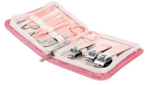 Hohopeti Kit Manucure Pédicure En Acier Inoxydable 12 Pièces Rose Pêche Mini Coupe-ongles Professionnel Pour Femmes Pochette Zippée Portable Soins Des Ongles