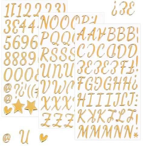 3 Blätter Gold Buchstaben Aufkleber Glitzer, Gold 3D Buchstaben Sticker, 150 Stück Aufkleber, Selbstklebende, für Scrapbooking Geschenkbox DIY Bastelarbeiten Kunstgestaltung
