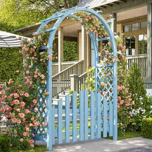 Gartenbogen mit geschwungenem Tor, robustem Holzrahmen, Rankgitter, stehend, Hintergrund für Hochzeiten im Freien, für Rosen und Kletterpflanzen, für Terrasse und Garten(Blue)
