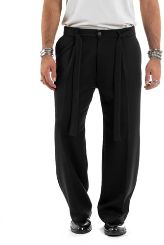 Giosal Pantaloni Uomo Baggy Fit Viscosa Cintura Wide Leg Palazzo Fondo Ampio Tinta Unita Vari Colori (IT, Testo, M, Regular, Regular, Nero Estivo)