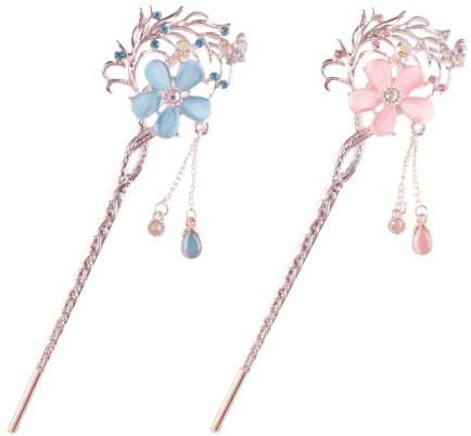Lot de 2 Baguettes à Cheveux Vintage avec Fleur et Pompon, Épingle à Cheveux Chinoise Décorative pour Coiffure Longue, Accessoire de Mode pour Femmes et Filles (Quotidien, Fête, Mariage)