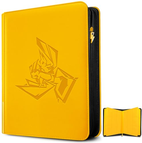 9 Pocket Card Binder for Pokemon, 360 Trading Cards, Label Slot, Yellow | Eco-friendly, pollution-free album material. TCG holder book with side-loading sleeves & exclusive 3D embossed artwork