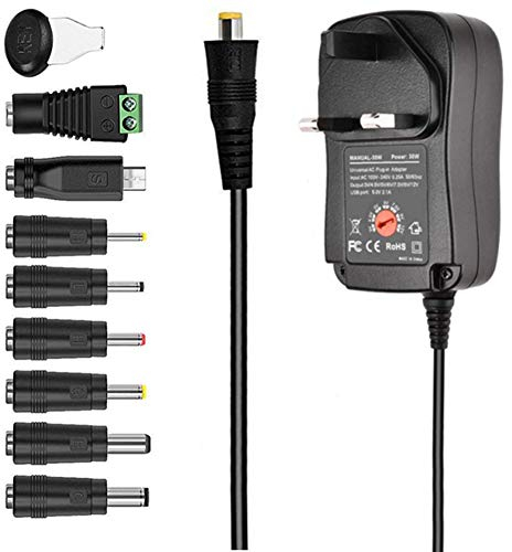 GutReise 30W UK 2A&2000mA Universal Multifunction AC/DC Adapter Switching Power Supply,100-240V to 3V,4.5V,5V,6V,7.5V,9V,12V,USB Port Included 8 Selectable Adapter Tips