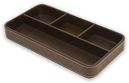 Osco Schubladen-Organizer aus braunem Kunstleder | Valet-Tablett | Schubladenaufteilung | Schubladenteiler | Schmuckdisplay | Schreibwarenaufbewahrung | H3,5 x B30 x T16 cm |