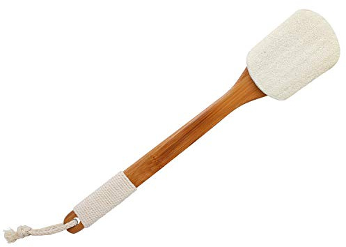 Leotruny 100% Natural Exfoliating Loofah with Long Wooden Handle Shower Back Brush (Off-White (1 Pack))