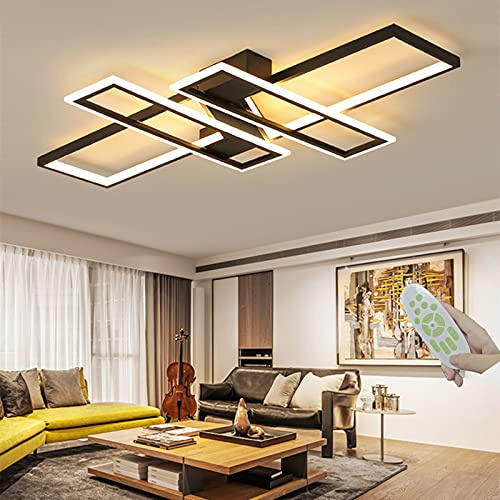 FBFC 47.2in Modern LED Ceiling Lights Fixture, 116W Black Dimmable Chandelier, Rectangular, with Remote Control Diningroom Lamp, FlushMount Geometric LED Ceiling Lamps for Bedroom Living Room