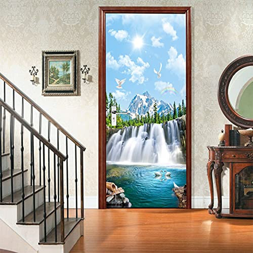 A.Monamour Türtapete Selbstklebend Türfolie Türposter 3D Berg Wasserfall Wald See Natur Landschaft Vinyl Folie Türdeko Tapete Wandbild Türaufkleber Türtattoo 90 x 200 cm