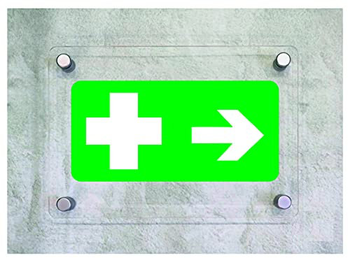 CARTELLO IN PLEXIGLASS SEGNALETICO - Pronto soccorso con freccia destra, sinistra, su, giù- Con Distanziali in acciaio inox e Stampa U.V. (15x21 cm)