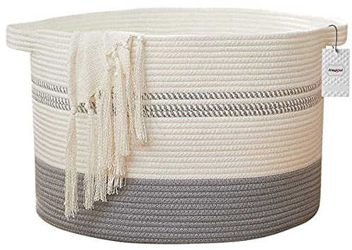 Inwagui Baumwollseilkorb Aufbewahrungskorb Baby Wäschekorb Groß Geflochtener Korb Decke Korb mit Griff für Wohnzimmer Kinderzimmer Decken Kissen und Spielzeug, H33 x D50cm (Weiß/Grau)