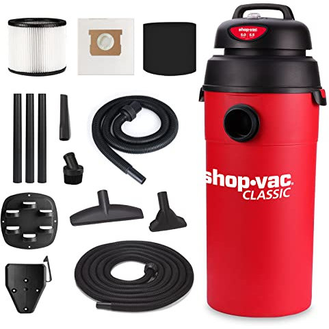 Shop-Vac Aspiradora en húmedo y seco de 5 galones de 5.5 picos, montaje en pared compacta con manguera y accesorios extra largos de 6-23 pies, ideal para lugar de trabajo, cochera, coche y taller.