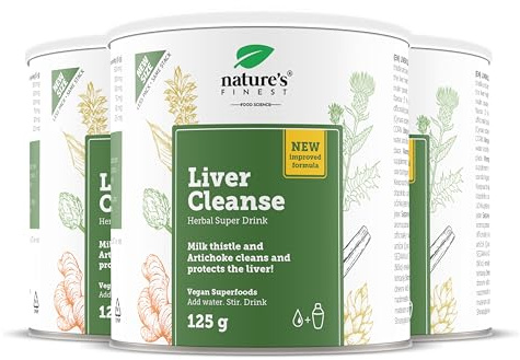 Nature's Finest Liver Cleanse, Bebida en Polvo 375 g (Paquete de 3) | mezcla en polvo con cardo mariano, alcachofa, cúrcuma, canela y jengibre - sabor naranja - con stevia, vegano - 25 dosis