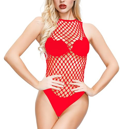 ROSVAJFY Body a Rete Sexy da Donna Lingerie Un Pezzo in Maglia, Tuta Fishnet Teddy Halter Intima, Trasparente Camicia da Notte, Bodysuit Babydoll Biancheria Senza Maniche XS-XL (Rosso)