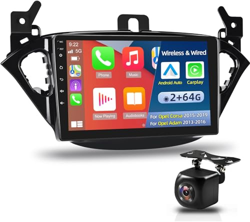 Android-Autoradio für Opel Corsa 2015-2019 / Opel Adam 2013-2016 mit kabellosem Carplay und Android Auto, 9-Zoll-Touchscreen, WiFi, GPS, SWC, Spiegelverbindung + AHD-Rückfahrkamera [2 + 64G]