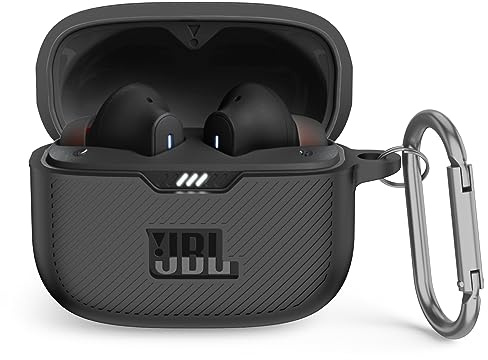MOWYEOK Silikon Hülle kompatibel mit JBL Tune 230NC TWS, Tragbare Kratz und stoßfeste Silikonhülle, Front LED sichtbar, für JBL Tune 230NC Gehäusezubehör, mit Karabiner - Schwarz