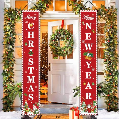 Weihnachtsbanner,Weihnachten Veranda Banner Rot Merry Christmas Banner Weihnachtsmann Weihnachtsbaum Frohe Weihnachten Banner Für Drinnen Draußen Tür Haustür Veranda Wanddekoration