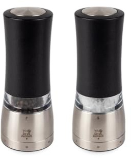 PEUGEOT - Daman u'Select 16cm Electric Pepper Mill + Salt Mill Duo - 6 Pre-Set Grind Settings - Peppercorns + Rock Salt Included - Aluminum - Designed in France - Iridescent Black Finish