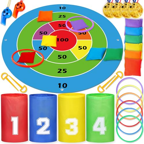 Lubibi Juegos Exterior Niños,Sports Day Kit,Juego Combinado de Juegos al Aire Libre de Carnaval,Juegos de Carreras de Sacos,Ring Toss Game,Bolsas de Frijoles,Medalla y Silbatos,Exteriores Deportivo