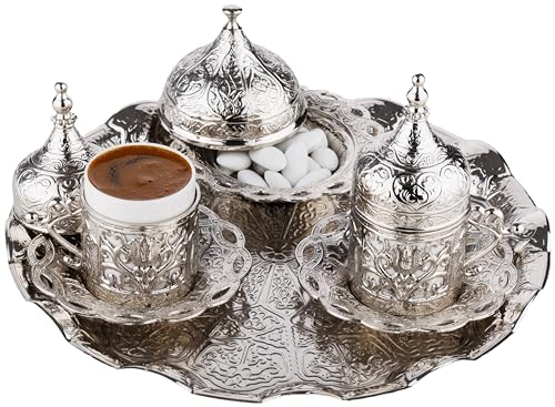DEMMEX Service à café turc grec arabe avec tasses, soucoupes, porte-gobelets, couvercles, sucrier, couvercle et plateau, 11 pièces (argent), taille M