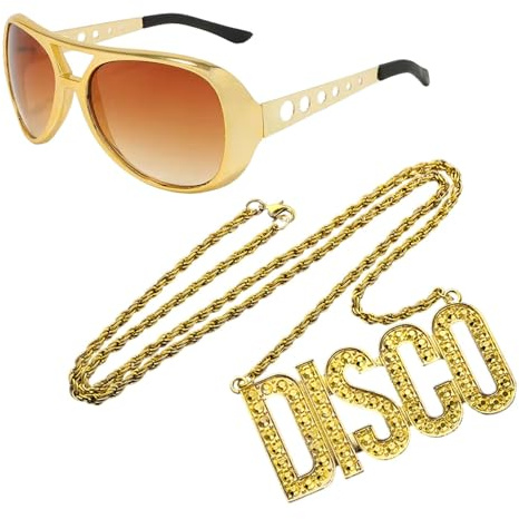EUPSIIU 2 delar hiphop-kostym, disco guldkedja och solglasögon, rapparkostym, 70-80-90-tal disco halsband och solglasögon, hiphop kostym set för rappare, fin klänning, karnevalstillbehör