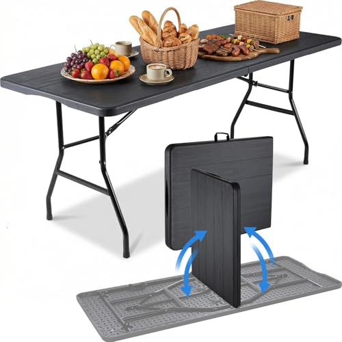 LIFERUN Gartentisch Klappbar 180x75cm,Buffettisch Klappbar, Campingtisch mit Tragegriff,Klapptisch für 10 Personen,Wetterfest Partytisch für Garten Terrasse Balkon,Holzmaserung Nachgeahmt,bis 150kg