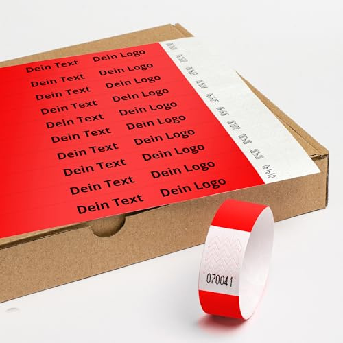 Personalisierbar Einlassbänder aus Tyvek 500 Stück - 19x255 mm Rot | Mit Aufdruck oder Logo, Events, starke Klebstoffbindung, Antiallergen - Selbstklebend und Wasserdicht Festival Armbänder