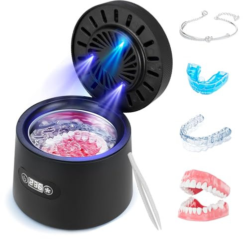 Pulitori Ad Ultrasuoni Per Protesi,45000Hz,Sterilizzazione Uv, 3 Velocità,Funzione Di Asciugatura,Pulitori Ad Ultrasuoni Per Allineatore Dentale,Bite Dentale,Protesi Dentale,Anelli,Orecchini (nero)
