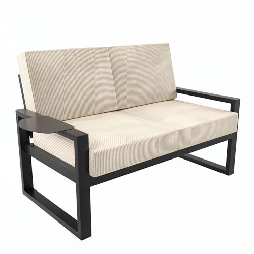 MetaloPro Gartenbank, 1x Zweisitzer, Metallrahmen mit Cordstoff Kissen, Terrassenbank, Outdoor Bank, für Terrasse, Balkon, Garten, Vanilla
