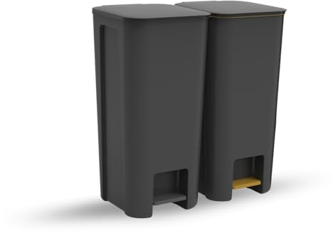 Go Practic Treteimer Set x40L Grau, Tretmülleimer mit Pedal und Deckel, Mülleimer, Mülltrennsystem für Papier, Kunststoff, Küchenmülleimer Recycling, Küche