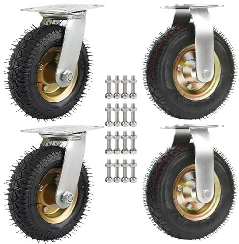 Luftreifen Gummi Lenkrolle, Schwerlastrollen, 2 Lenkrollen + 2 Bockrollen, Möbel Industrierollen Pannensichere Ø15/20/25cm, Tragkraft 150Kg, Für Trolleys, Transportroller, Werkbank Rollen(25cm)