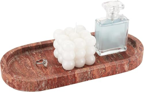 WORHE Travertin Stein Marmor Schmuck ovaler Ablageteller, Kosmetik-Organizer, Schminktischablage, Schmuck-Dekoteller und Badablage, Rot Travertin BH103