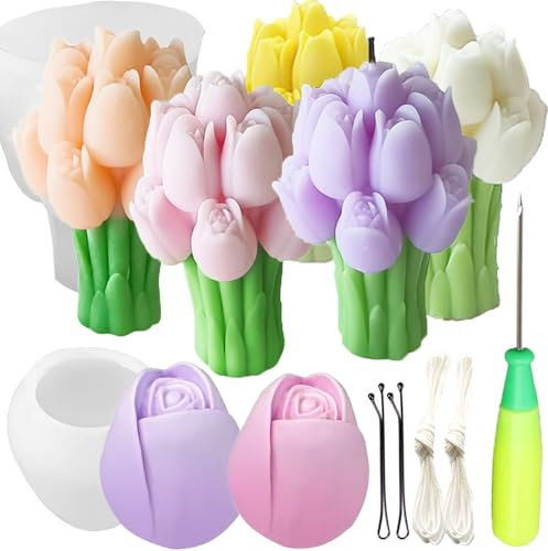 Nimozekd 2 Pcs Tulip Bouquet & Flower Silicone Candle Molds with Mold Punch, Candlewick Hook, Needle for Candle Making, Soap Making, Home Decorating
