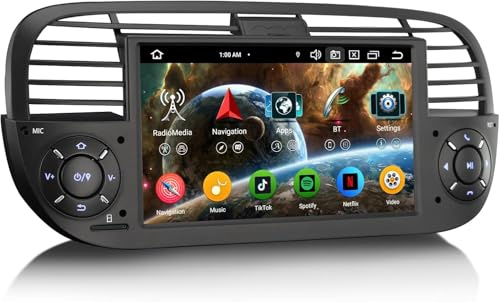 Erisin Android 16 8-Core 4GB+64GB 1Din Autoradio Bluetooth per Fiat 500 500C 500S 500E 7 IPS Schermo tattile Supporto GPS Navigatore Senza fili CarPlay Android Auto WiFi 4G DAB+ DSP OBD2 Canbus