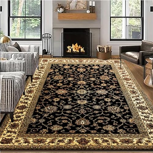 Rugs Inn Marrakesh Rug – Traditional Low Profile Vintage Design Large Rug for Bedroom Dining Room Living Room Kitchen Carpet Mats (Black - 0210, 120 x 170 cm)