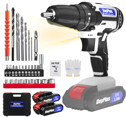 3/8 Cordless Drill Set, 21V Electric Drill Set with 2x1500mAh Battery, 45Nm & 25+1 Torque Setting Cordless Driver for Home, Electric Driver with 29 Accessories and LED Light for Work, DIY