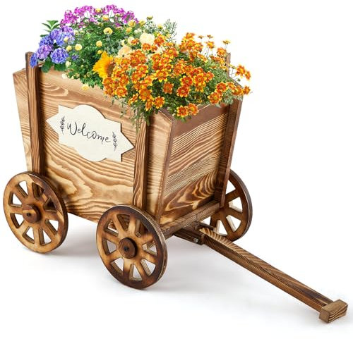 Beeveer Wooden Wagon Planter with Wheels Wagon Flower Planter Wooden Wheelbarrow Decorative for Herbs Vegetables for Indoor Outdoor Decor, Flower Cart for Patio Garden Balcony