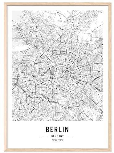 JUNOMI® Póster de Berlín DIN A3 con marco natural, DIN A3, decoración de salón, cuadro moderno, cuadro de Berlín, mural con marco, mapa de la ciudad, póster de Berlín, idea de regalo perfecta para