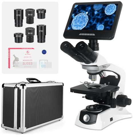 [Infinity-Corrected] Trinocular Compound Microscope with 10 24MP Monitor, 40-1000X Magnification, Infinity Achromatic Objectives FL10X Eyepieces,Large Mechanical Stage, One-click taking photo & video