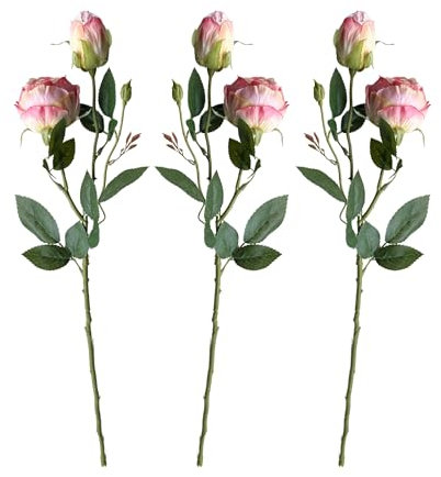 Künstliche Rosen 3er Set. 55 cm – Premium Seidenblumen, 2 Rosen 1 Knospe je Zweig, realistische Kunstblumen Deko für Hochzeit, Tischdeko, Brautstrauß, Party, DIY, langlebig & pflegeleicht (Altrosa)