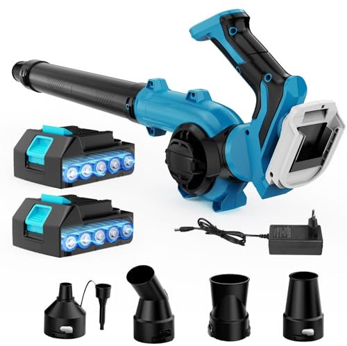 21V Soffiatore a Batteria Elettrico con 4 Ugelli, Soffiatore Foglie a Batteria, Soffiatore Elettrico Compatto a 3 Velocità con 2 Batterie da 3Ah e Caricatore, 270° Regolazione Girevole del Soffiatore