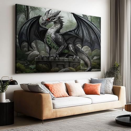Leinwand-Wandkunst 120x60 cm Ungerahmt - Anime Fantasie Dunkler Drache Leinwandbild Kunstdruck Groß XXL für Wohnzimmer Schlafzimmer Wandbilder Canvas Design Dekoration