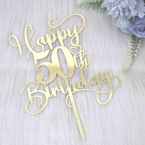 Ruscalin Happy 50th Birthday Cake Topper,Mirrored Gold Acrylic Birthday | for Cheers to 50 Years Birthday/Anniversary Party Decoration Ideas,Perfect Keepsake for your family and friends