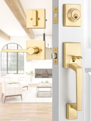 EHOMEWARE Satin Brass Front Door Handle, Entry Locksets with Deadbolt, Exterior Door Handle Set, Reversible Door Lever for Left or Right Doors, Heavy Duty Front Door Hardware