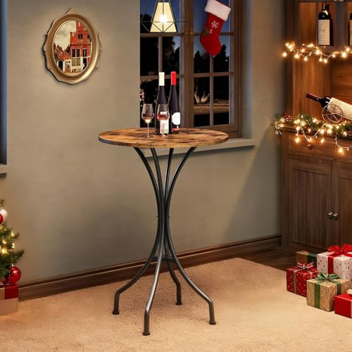 CHOEZON Bar Table, Round High Top Table, Home Counter Height Table, for Kitchen, Pub, Bistro, Living Room, Meeting Room, Rustic Brown and Black TBT06BF