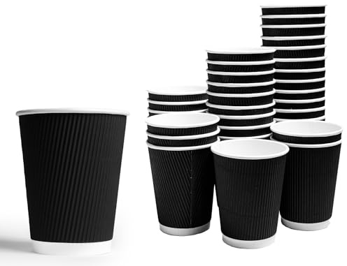 ERA PACK 100 x 12oz Ripple Black Paper Cups - Strong 3-PLY Disposable Cups - Leak-Proof Recyclable Design, Insulated Coffee Cup for Hot Drinks, Tea, and Hot Beverages