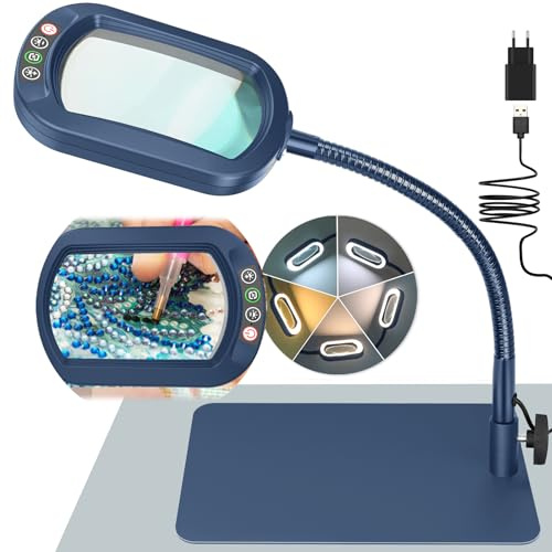 Drdefi 10X Rectangle Lupe mit Licht und Ständer, Echtes Glas Lupenlampe, 5 Farbmodi Stufenlos Dimmbar, Flexible Schwanenhals LED Beleuchtete Schreibtischlampe, Freihändige Lupenleuchte für Lesen Blau