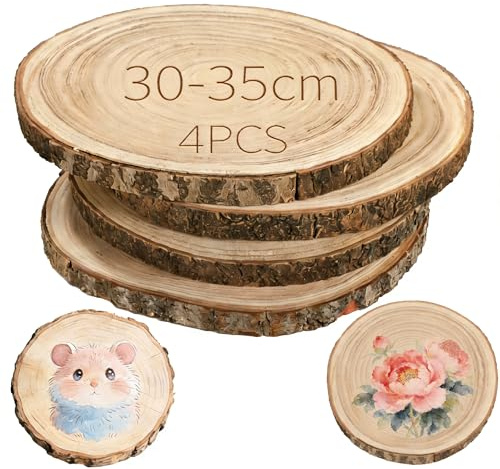 4 Stück Paulownia Holzscheiben 30-35 cm, Unbehandelte Holzscheiben für Bastelarbeiten, 2 cm dick, Natürliche Baumrinde Kreise für DIY-Projekte und Wohnkultur