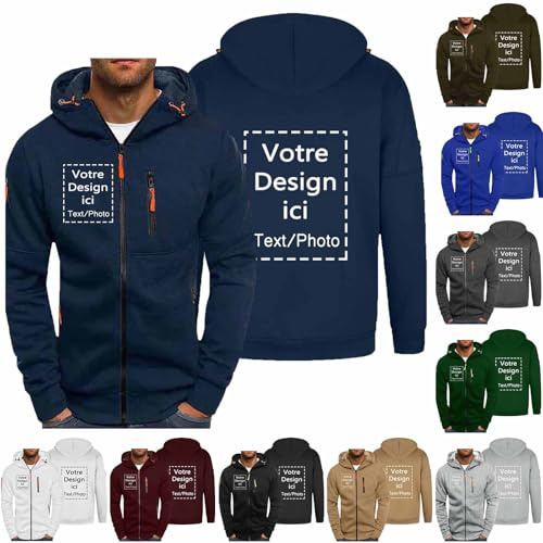 Générique Sweat Zippé Homme Personnalisable Sweats à Capuche personnalisé Sport Pull Hoody Mode Automne Hiver Sportswear Décontracté Veste Marine M