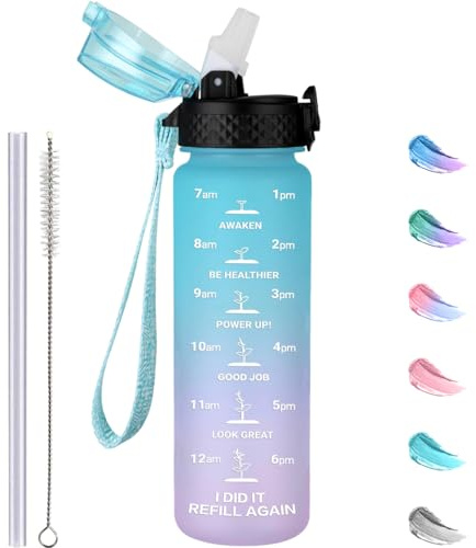 GOPPUS 500ml/17oz Kids Water Bottles with Straw Tritan Childrens Bottle with Flip Top Lid BPA Free Measured Drinks Bottle with Strap Sports Reusable Time Markings Leakproof (Sky Blue Purple)